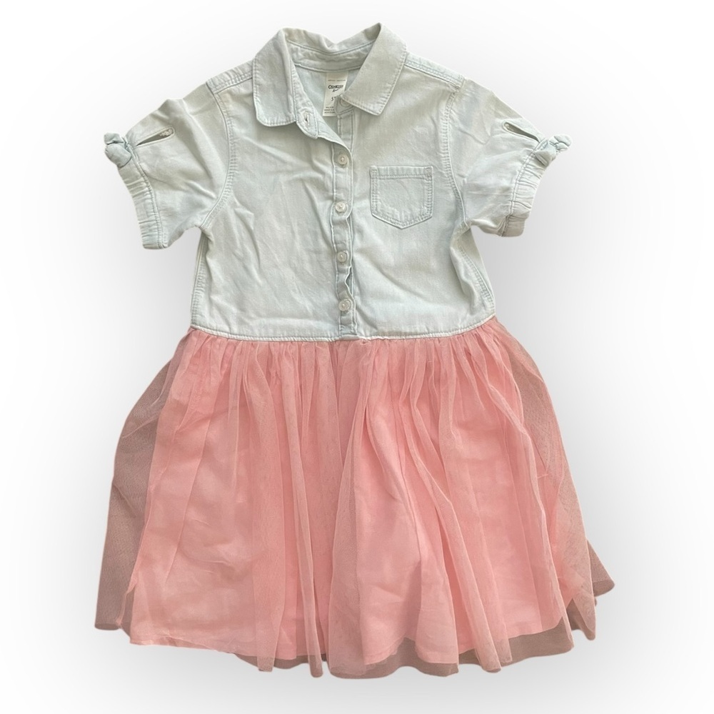 Oshkosh B’Gosh girls chambray button down tulle skirt short sleeve dress 5T pink